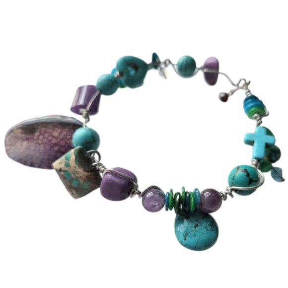 Hand-Crafted Wire Wrapped Purple & Turquoise Gemstone Bangle Cross Bracelet - Picture 5 of 10